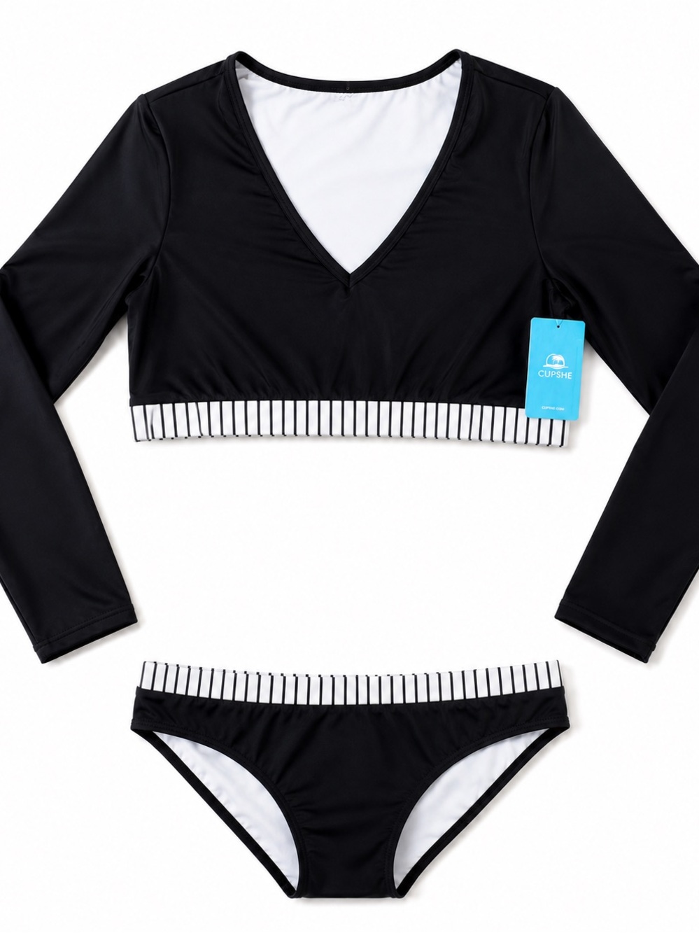 Cupshe Black Long-Sleeve V‑Neck Rash Guard Bikini with Striped Waistband